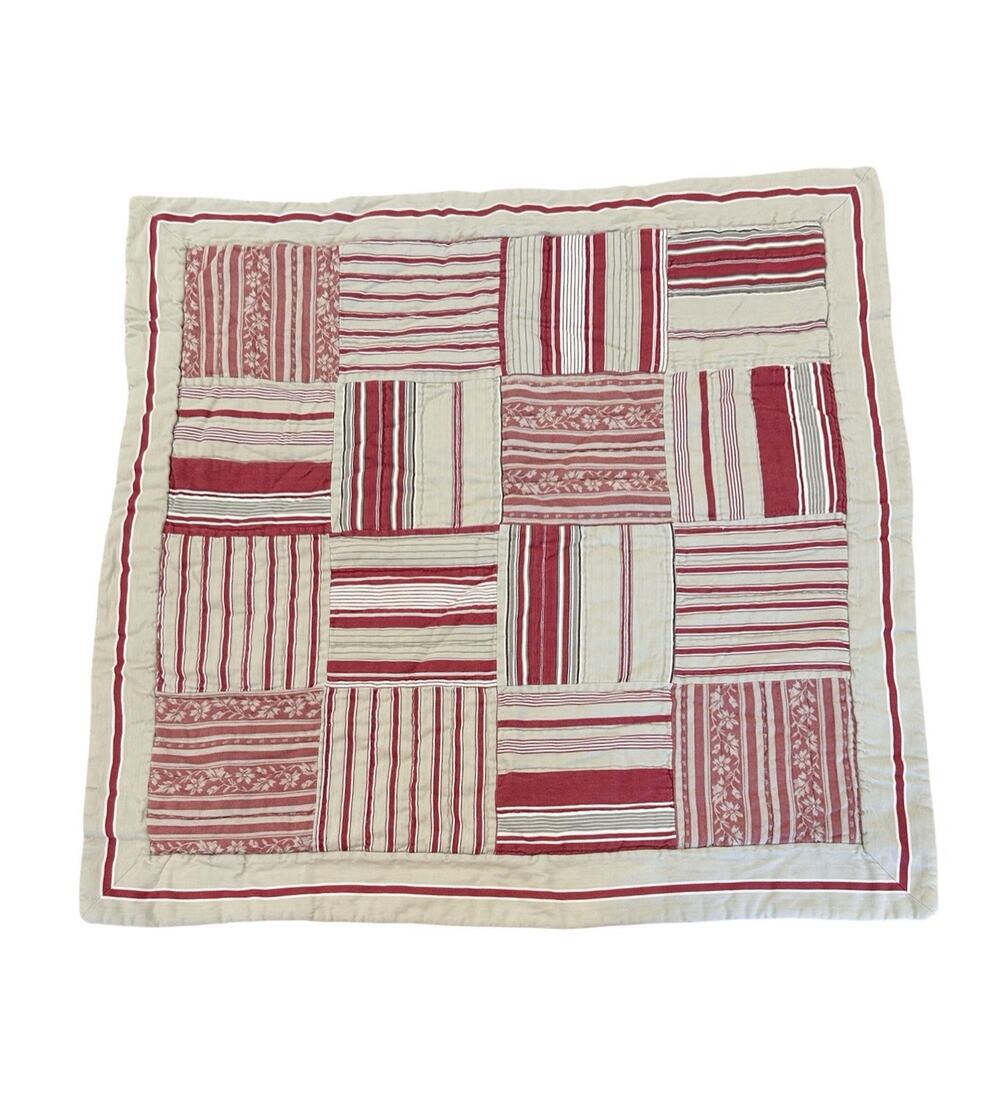 Pottery Barn Vintage Stripe Patchwork Quilted Pillow Sham Red & Ivory 26” X 26”